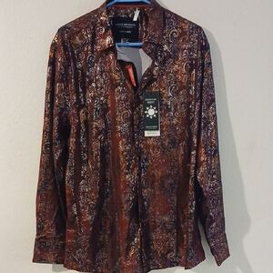 Brown Casual Button Down Shirt with Ornate Pattern